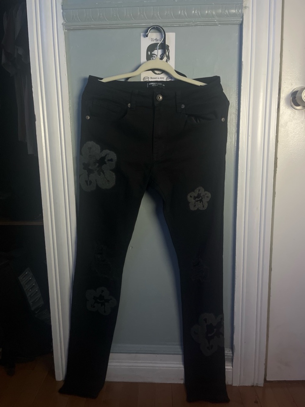 Studio Black Skinny Jeans with Subtle Floral Appliqués